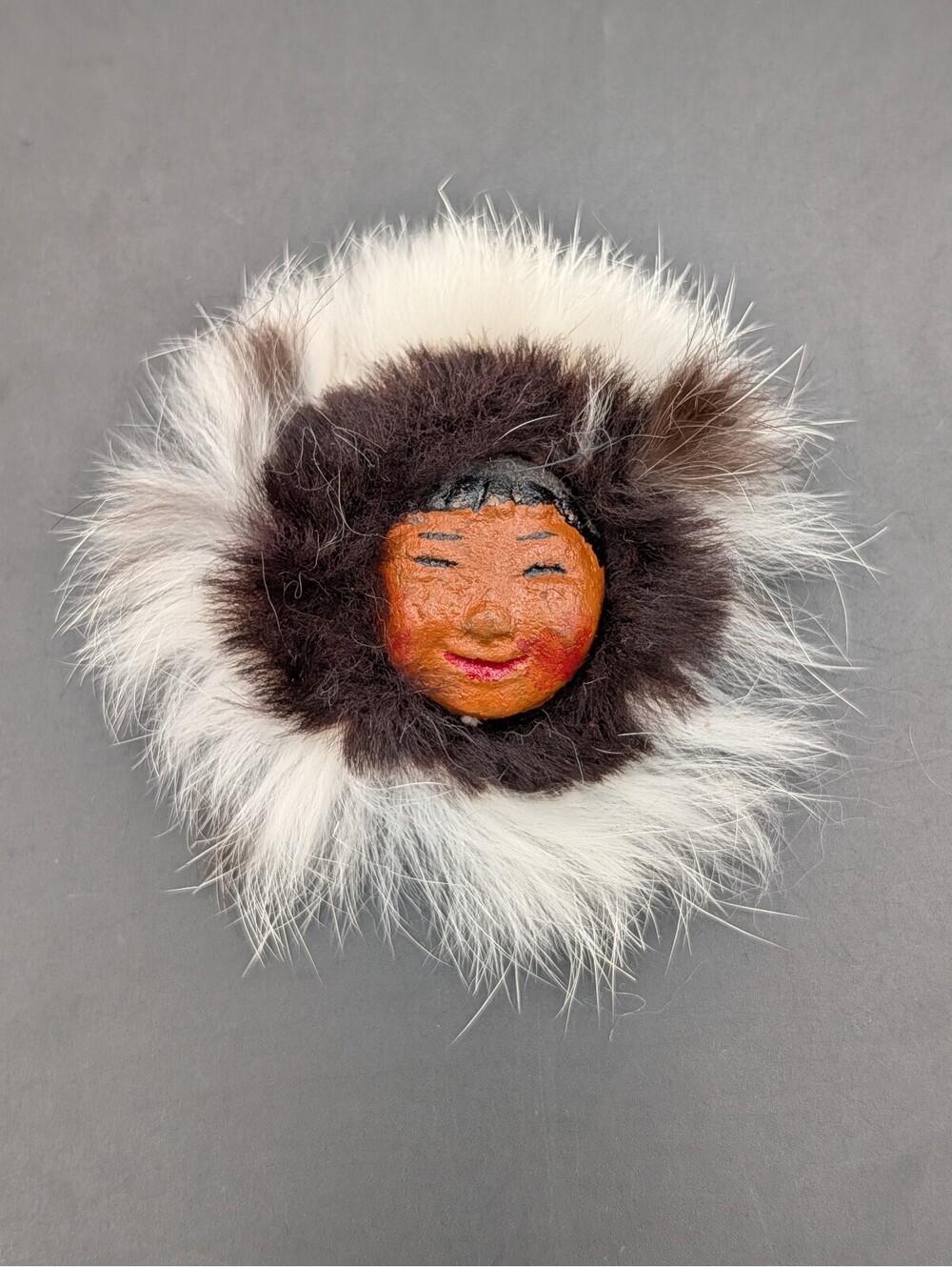 Vintage Alaskan Inuit Eskimo Face Brooch Pin Genuine Fur Parka Trim Hand Painted